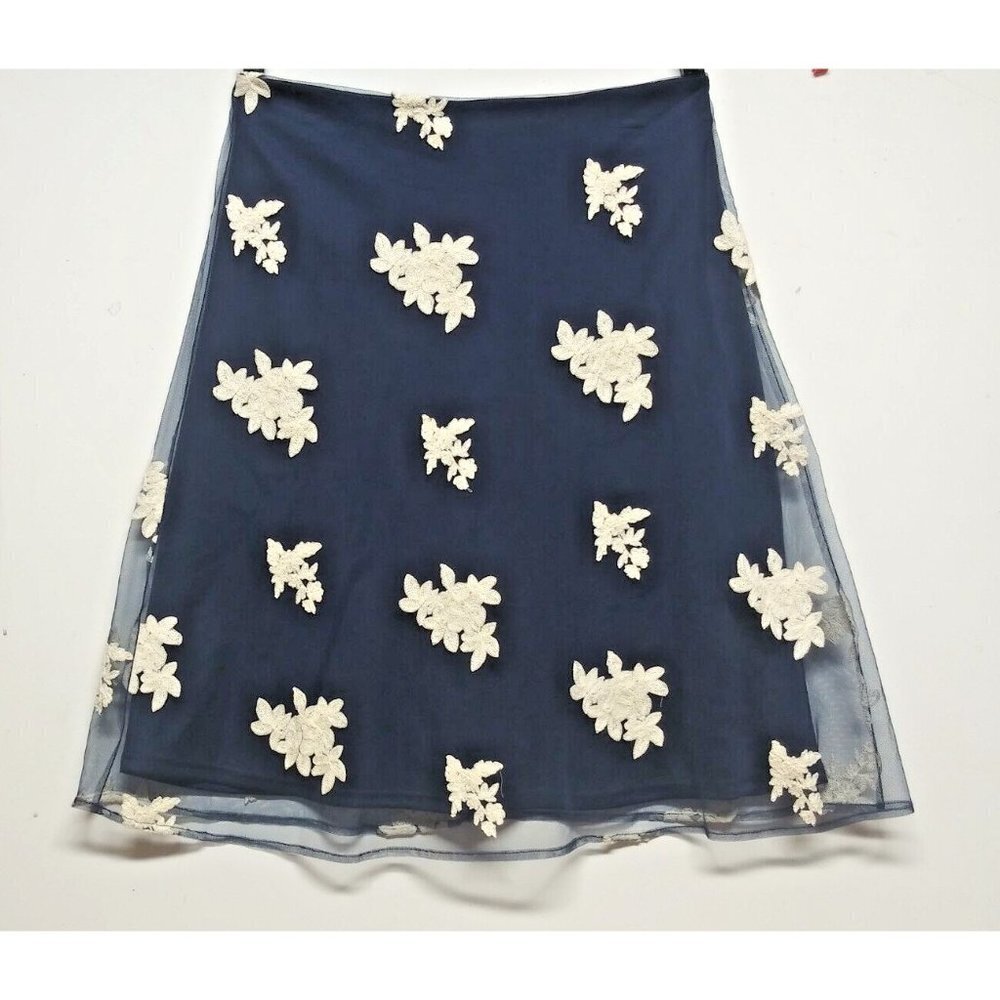 Eci New York Skirt Blue tulle Mesh Embroidered Floral Womens Sz 4 flare knee hi